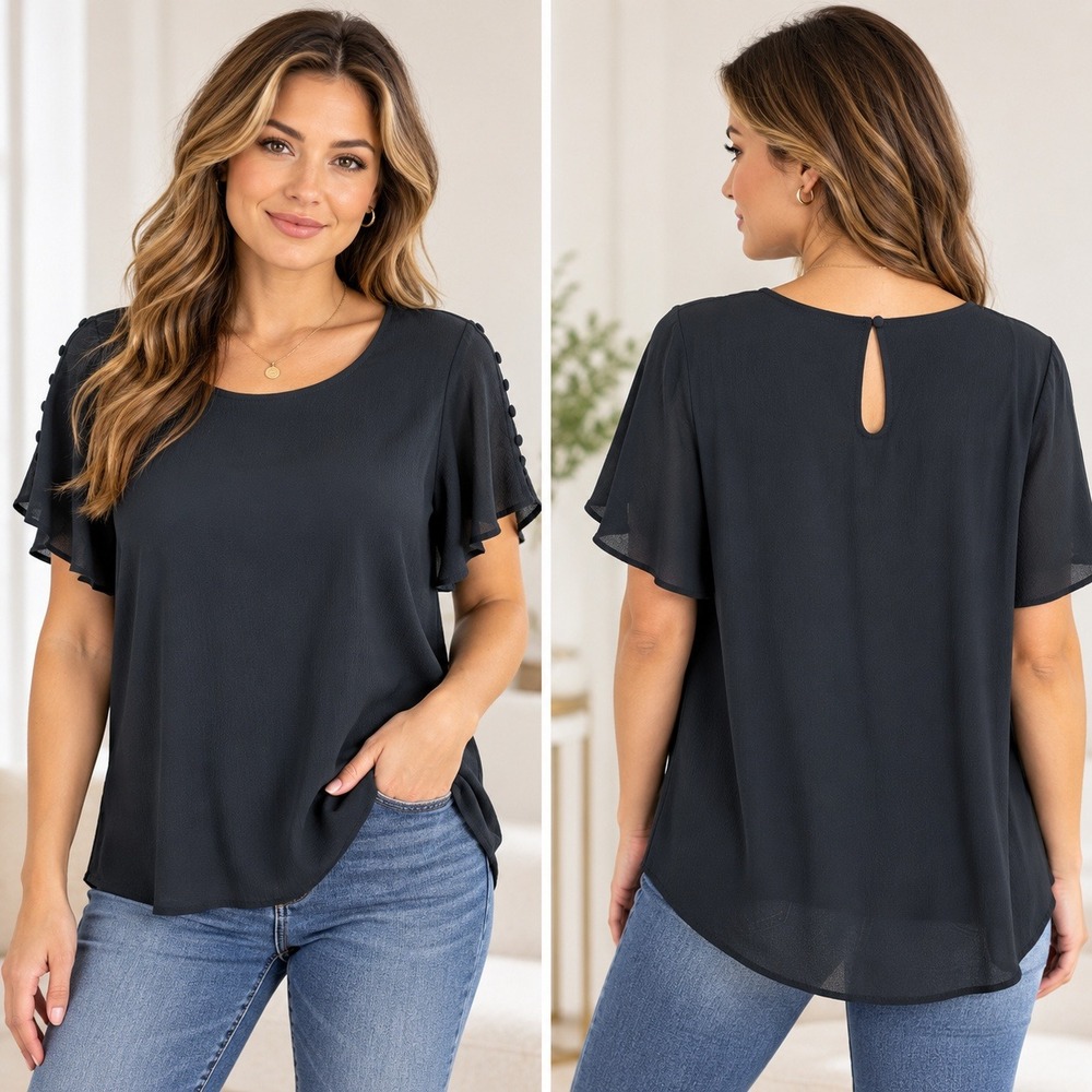 Alison Andrews Black Classic Flutter Sleeve Button Detail Polyester Blouse XL